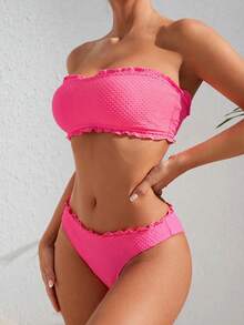 SHEIN Swim 女款紋理荷葉邊飾抹胸上衣與三角泳褲比基尼套裝 - 玫紅色 - 查看 4