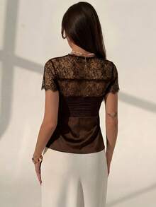 Aloruh Women's Contrast Lace Short Sleeve Sexy Fashion Blouse - Coffee Brown - View 2