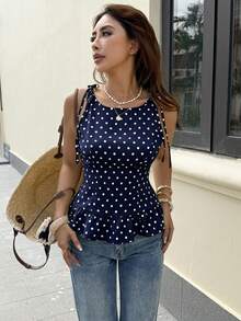 Elyressa Elegant Tropical And Stylish Summer Vest For Women With Woven Prints Beach Vacation Navy Blue Polka Dot - Royal Blue - View 4