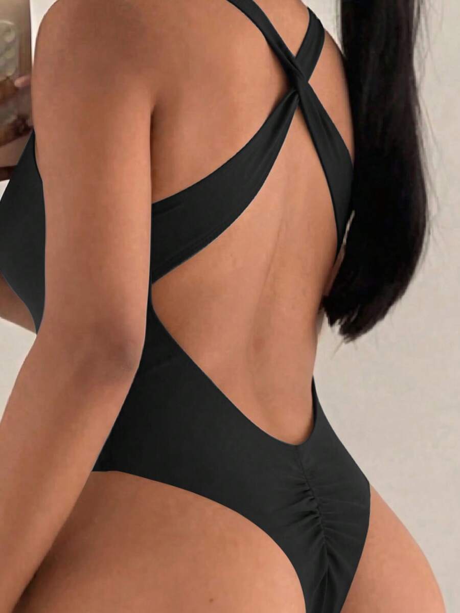 Swim SXY 1件女款素色扭結高領交叉露背一件式泳衣 - 黑色 - 查看 1