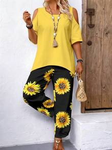 EMERY ROSE 2pcs Plus Size Off Shoulder Short Sleeve Top And Casual Loose Comfortable Pants Set, Plus Size Printed Set, Plus Size 2pcs Set - Multicolor - View 4