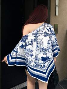 Vibekara 大尺碼女款 2026 夏季休閒優雅印花不對稱領長袖不對稱下擺寬鬆時尚襯衫，復古日落度假印花蝙蝠袖上衣，適用於日常、通勤、上學、外出、辦公室、約會 - 藍色 - 查看 2