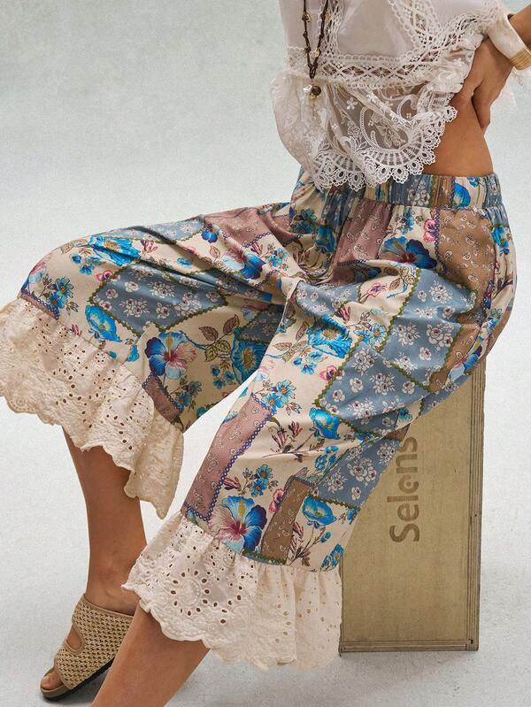 Bohemela Women's Loose Fit Woven Patchwork Lace Trim Pants, Suitable For Spring/Summer Vacation