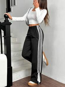 SHEIN Tall CURVE Plus Size Women's Casual Sports Black And White Striped Side Loose Wide Leg Pants,Elastic Waist Gym Long Trousers For Sommar,Daily Commute,Y2K Fashion - Black - View 7