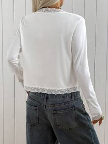 SHEIN EZwear White Knit Spaghetti Strap Summer Lace Patchwork Comfortable Casual Women's Set - White - View 2