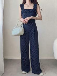Mono de verano con estampado de lunares y volantes a la moda para mujer - Azul marino - Ver 5