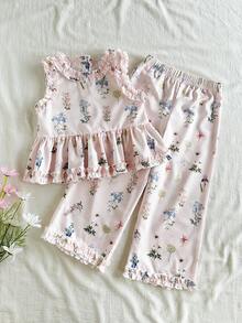 Vintaside Kids 少女夏季多彩甜美清新花卉裝飾圖案無袖背心上衣與長褲套裝，優雅荷葉邊飾，適合日常出遊、休閒聚會、朋友聚會及度假旅行 - 彩色 - 查看 4