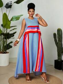 Maweii Plus Size Women's Brown Sleeveless Maxi Dress, Round Neck Casual Contrast Color Print Dress For Summer, Tropical Holiday, Tea Party, Beach Gym - Multicolor - View 5