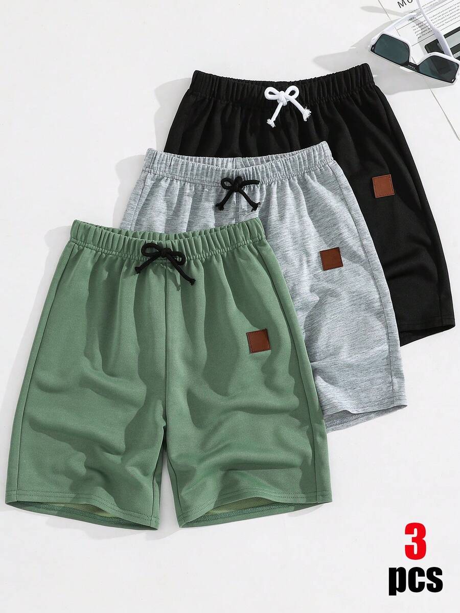 SHEIN 3件組兒童青少年男孩休閒運動衛衣布料運動短褲多件裝，深綠色，夏季，徒步，灰黑綠短褲，春夏套裝，運動