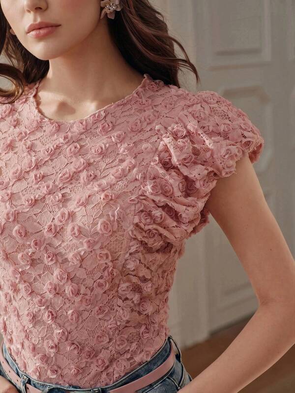 Anewsta Lightweight Lace Cap Sleeve Blouse With 3D Rose Decor, Flattering And Versatile For Spring/Summer