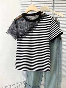GlowEve CURVE Plus Size Black And White Lace Patchwork Sheer Short Sleeve T-Shirt Club Summer Sexy - Multicolor - View 2