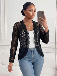 SHEIN Lady Jaqueta Fina de Manga Longa Elegante de Cor Sólida Transparente de Renda Plus Size - Preto - Visão 3