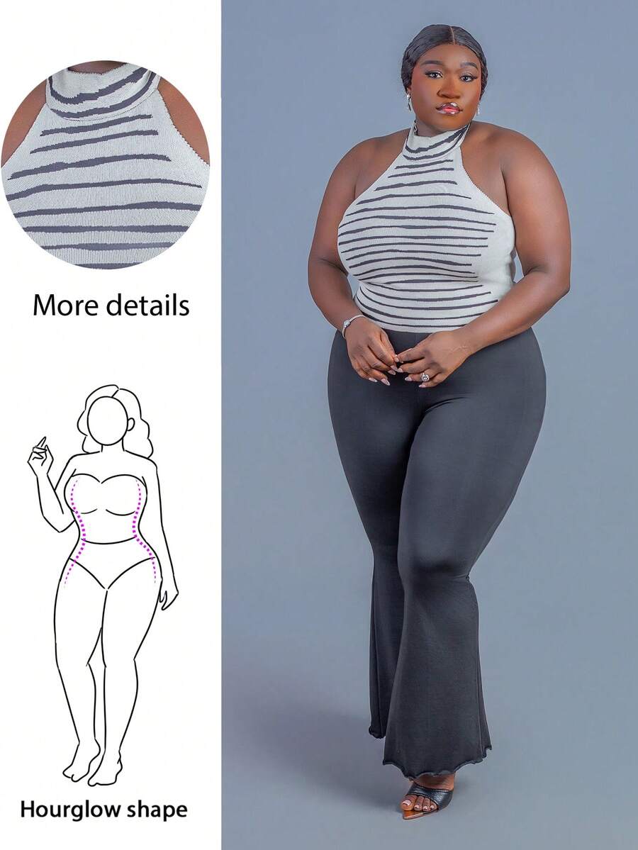 CurvyTilda Áo ôm cổ yếm dệt sọc size lớn phong cách Y2K streetwear cool girl, mặc hàng ngày casual, màu sepia, cho mùa thu xuân, Valentine, phù hợp dáng đồng hồ cát - Nhiều màu - Xem 1