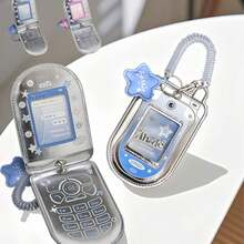 Silver Y2K Retro Flip Phone Card Holder, PU Leather Dual SIM ID Card Organizer, Mini Wallet Pouch With Keychain Cute Fashion Accessories - Multicolor - View 5