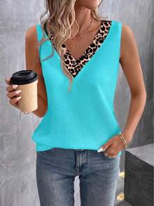 EMERY ROSE Women's Fashion Casual Versatile Contrast Collar Leopard Print V-Neck Tank Top - Multicolor - View 1
