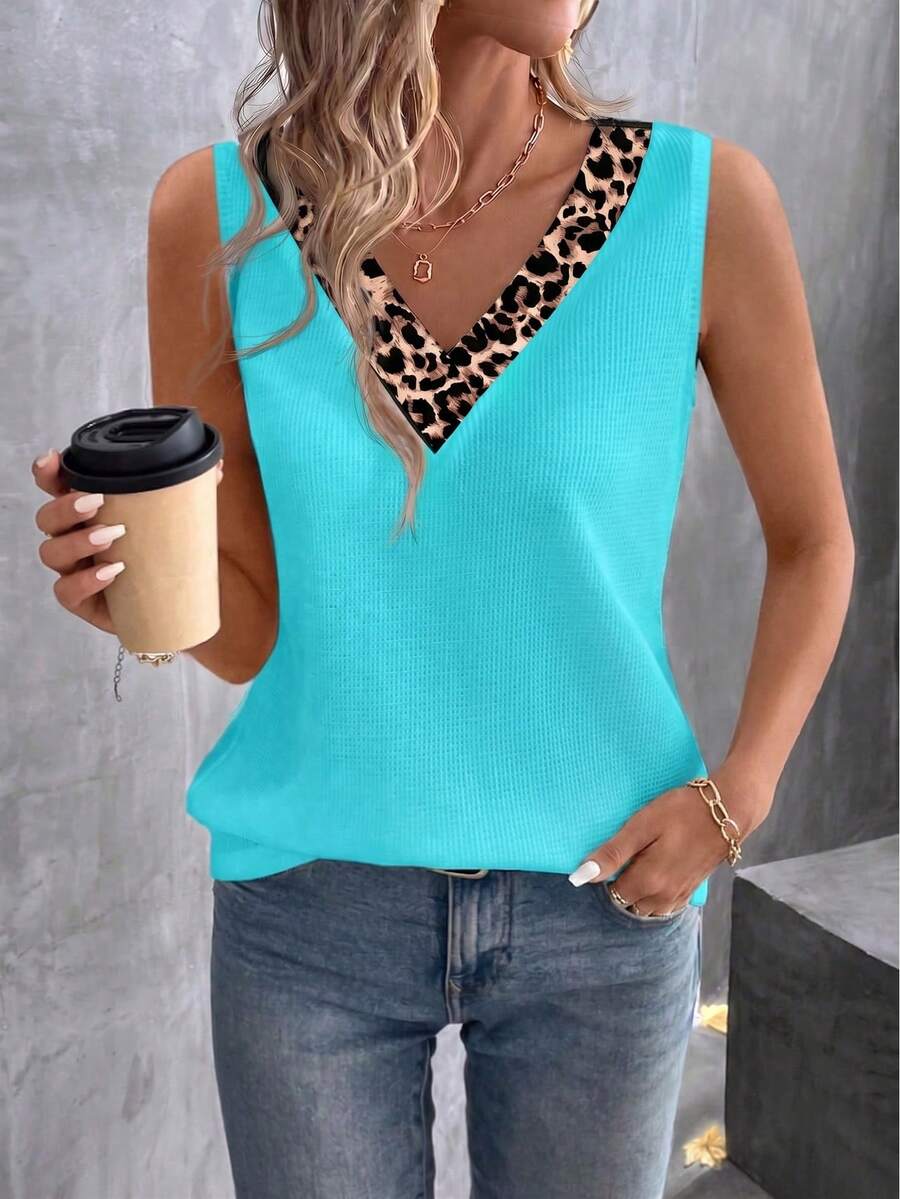 EMERY ROSE Women's Fashion Casual Versatile Contrast Collar Leopard Print V-Neck Tank Top - Multicolor - View 1