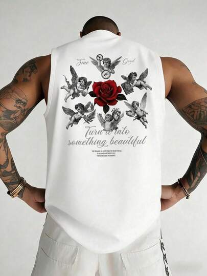 1 Pieza en talla estándar, camiseta sin mangas con diseño de doble cara que presenta un impactante estampado artístico de gran formato en la espalda con una rosa central rodeada de querubines y motivos clásicos, mientras que el frente exhibe una rosa detallada a juego, corte regular ideal para un look casual en verano, fabricada con tejido de gran suavidad para un ajuste cómodo y moderno que destaca tu estilo con una estética romántica y refinada.