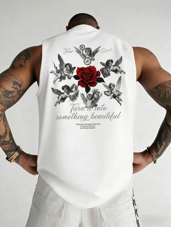 1 Pieza en talla estándar, camiseta sin mangas con diseño de doble cara que presenta un impactante estampado artístico de gran formato en la espalda con una rosa central rodeada de querubines y motivos clásicos, mientras que el frente exhibe una rosa detallada a juego, corte regular ideal para un look casual en verano, fabricada con tejido de gran suavidad para un ajuste cómodo y moderno que destaca tu estilo con una estética romántica y refinada.