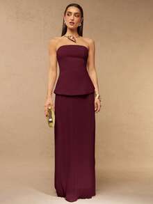 Silquee Women's Solid Color Bandeau Top And Mini Skirt Elegant 2 Pieces Set - Maroon - View 1