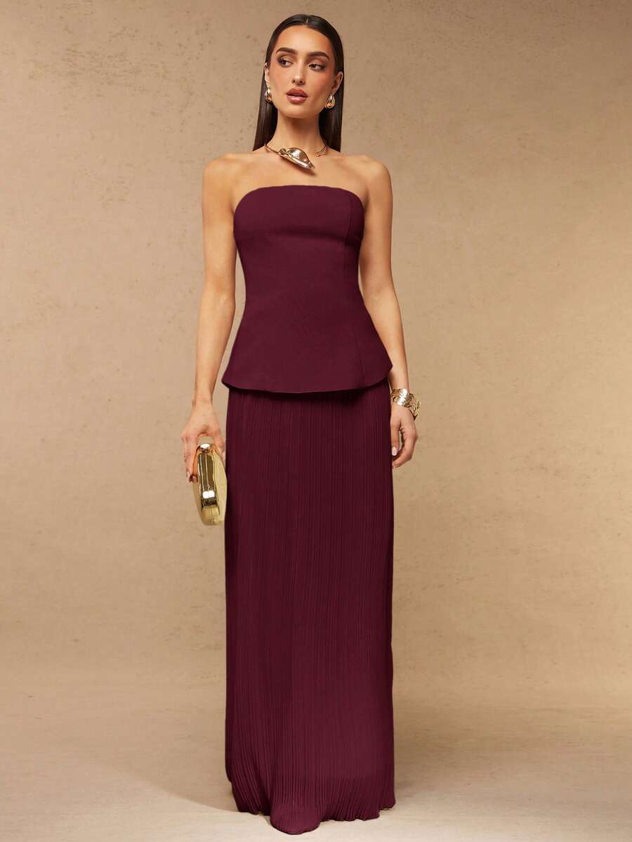 Silquee Women's Solid Color Bandeau Top And Mini Skirt Elegant 2 Pieces Set - Maroon - View 1