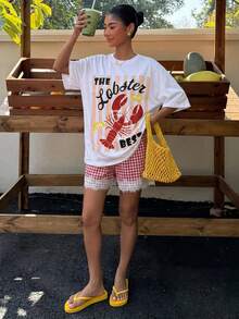 Muchica 女士圆领字母龙虾印花短袖上衣和格子短裤休闲两件套 - 彩色 - 查看 4