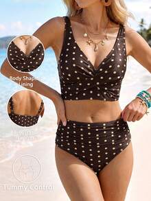 Sylviya Bộ đồ bơi 2 mảnh nữ mùa hè dây điều chỉnh được, áo tank top và quần bikini cạp cao họa tiết chấm bi cho kỳ nghỉ bãi biển - màu nâu - Xem 7