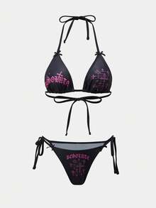 ROMWE Bộ đồ bơi nữ phong cách Gothic màu đen hình chữ thập 2026SS, thích hợp cho kỳ nghỉ, đi biển, thường ngày. - Nhiều màu - Xem 1
