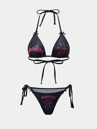 ROMWE Bộ đồ bơi nữ phong cách Gothic màu đen hình chữ thập 2026SS, thích hợp cho kỳ nghỉ, đi biển, thường ngày.