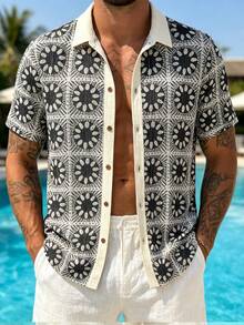 VENTUSAIL Men's Knitted Mesh Sheer Printed Contrast Color Design Casual Short Sleeve Shirt, Holiday - Black - View 4