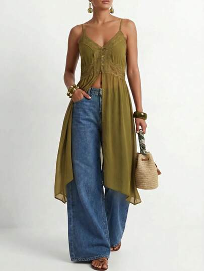 Zivah Áo blouse dài voan chiffon dáng chữ A thanh lịch, cổ chữ V dây mảnh, phối ren layer patchwork, camisole màu xanh, phong cách cơ bản dễ phối, casual, streetwear, cho nữ sinh, đi làm văn phòng, đi học, đi chơi, tiệc tùng, hẹn hò, du lịch, đi biển, tắm nắng, đi du thuyền, ra sân bay, brunch, đi làm, dự đám cưới, dạo phố, cho mùa Xuân/Hè 2026, lễ hội âm nhạc, Lễ Phục sinh, Ngày Thánh Patrick, Valentine, sinh nhật, tốt nghiệp, phong cách Western, Nomadic, kỳ nghỉ, dã ngoại, viral hit