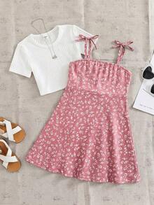 SHEIN Bộ 2 món gồm áo hai dây và áo thun dệt kim họa tiết hoa nhí cho bé gái. - Màu xanh lam - Xem 6