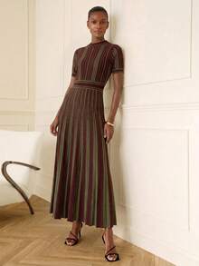 Lilora Gaun Sweater Lengan Pendek Bergaris Warna-warni Wanita, Gaun Maxi Lipit Elegan - MultiWarna - View 6