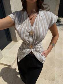 Firerie Women's Elegant Smart Casual White Stripe Summer Blouse, Holiday Vacation Cotton Ruched Waist Metal Button Fitted Shirt For Commuting Work Tea Party - Apricot - View 3