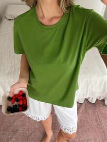 DAZY Women's Solid Color Round Neck Drop Shoulder Short Sleeve Casual Pajama Set, Summer - Green - View 4