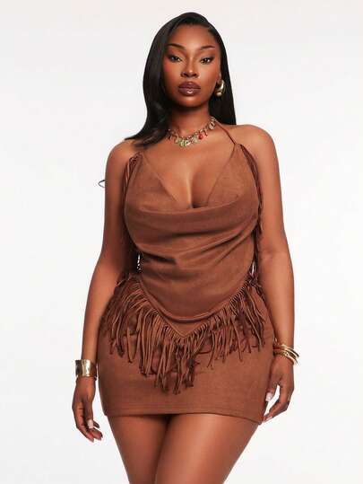 Radiana Curve Plus Size Women's Casual Sexy Wild Street Style Elastic Suede Fabric Camisole Top And Mini Skirt 2-Piece Set, Spring/Summer