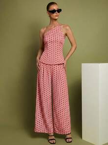 Set de 2 piezas de Top con hombros y pantalones a lunares para mujer, uso casual minimalista de todos los días - Rosa - Ver 6