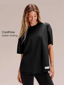 GLOWMODE Modest 1PC Big Easy Cooling Moisture-Wicking Quick-Dry Relaxed Fit Hip Length Crewneck T-Shirt Gym Workout Studio Daily Casual Wear - Black - View 1