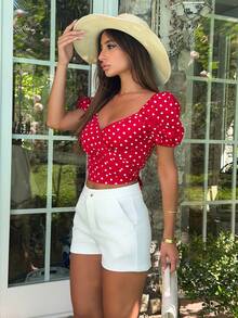 Ronhire French Style New Summer Vintage Sweet & Cute Red Polka Dot Print Puff Sleeves Bowknot Blouse For Ladies - Red - View 2