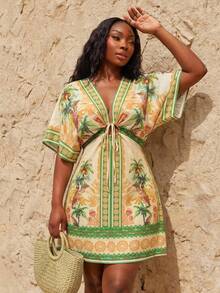 SHEIN SXY Đầm nữ cỡ lớn in họa tiết cây cọ, tay cánh dơi, thắt nơ phía trước, kiểu dáng thường ngày. - Nhiều màu - Xem 3