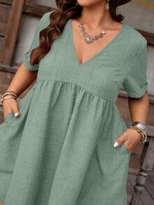 Nubod Plus Size Women's Elegant V-Neck Textured A-Line Short Sleeve Dress, Suitable For Commuting In Summer - Green - View 5