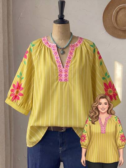 Rusticease Áo blouse nữ size lớn mặc thường ngày mùa xuân, tay ngắn, họa tiết hoa
