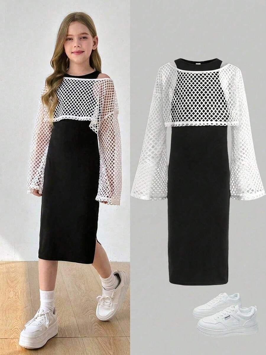SHEIN Serisse Kids Tween 女童纯色针织窄肩修身长款休闲连衣裙 + 宽松网纱罩衫 2 件套,黑色,通勤,学院风,淑女,甜美酷炫少女,潮流街头服饰 - 黑色 - 查看 1