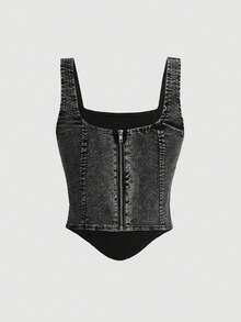 SHEIN MOD 大尺碼女款夏季休閒通勤拉鍊修身牛仔背心 - 藍色 - 查看 2