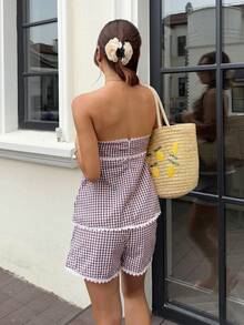 SHEIN Frenchy 女款格紋抹胸上衣與短褲休閒兩件組 - 中紫紅色 - 查看 2