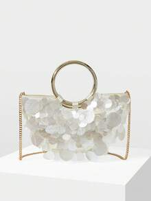 MOTF Bolso de mano de moda para mujer con perlas y lentejuelas, asa redonda, bolso semicircular exquisito, brillante y sencillo, adecuado para citas y fiestas, vacaciones de verano, viajes, , playa, bohemio, a juego - Lentejuelas Blancas - Ver 6