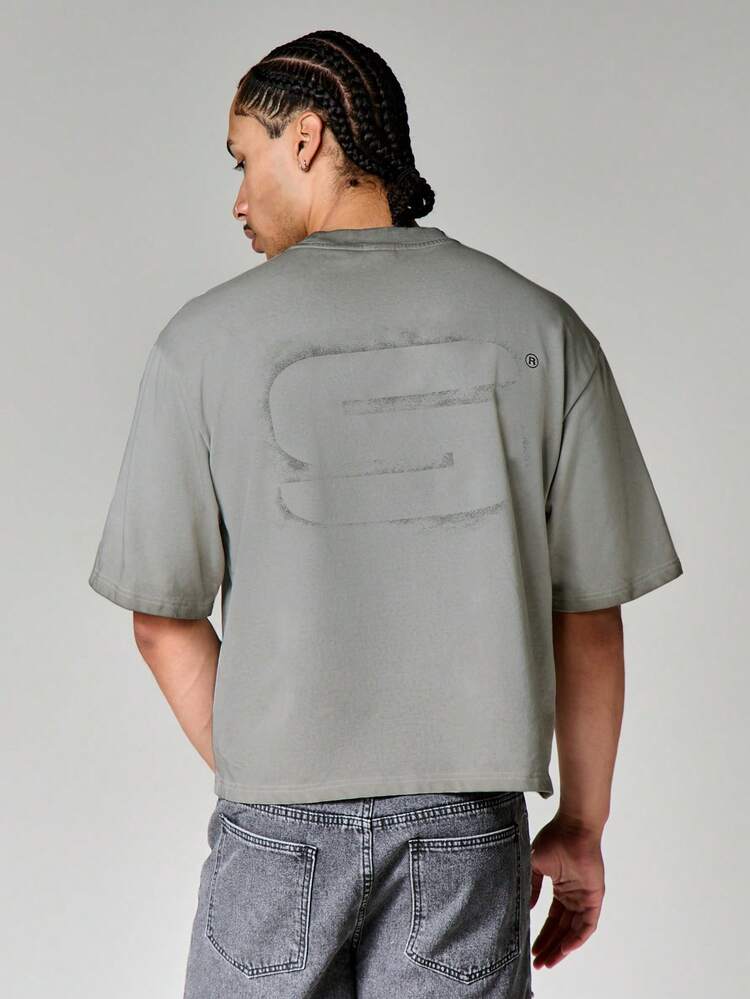 Oversized Boxy Crop Tee With Crew Neck Washed Effect Logo Print Short Sleeve Casual T-Shirt