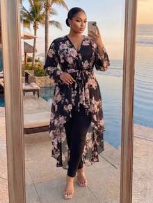 SHEIN Lady CURVE 大尺碼休閒優雅不對稱下擺滿版印花襯衫，秋季婚禮賓客度假晚餐黑色 - 彩色 - 查看 6