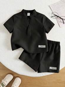 SHEIN 2件組男嬰夏季休閒翻領襯衫短褲套裝 - 黑色 - 查看 2