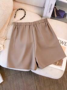 Elenzga Shorts femininos plus size elegantes, casuais, versáteis e confortáveis, ideais para primavera, verão e outono. - Castanho - Ver 2