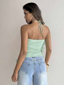Aloruh Women's Elegant Romantic Tie-Up Neck Multi-Layer Ruffle Trim Teal Vacation & Date Top - Teal Blue - View 9